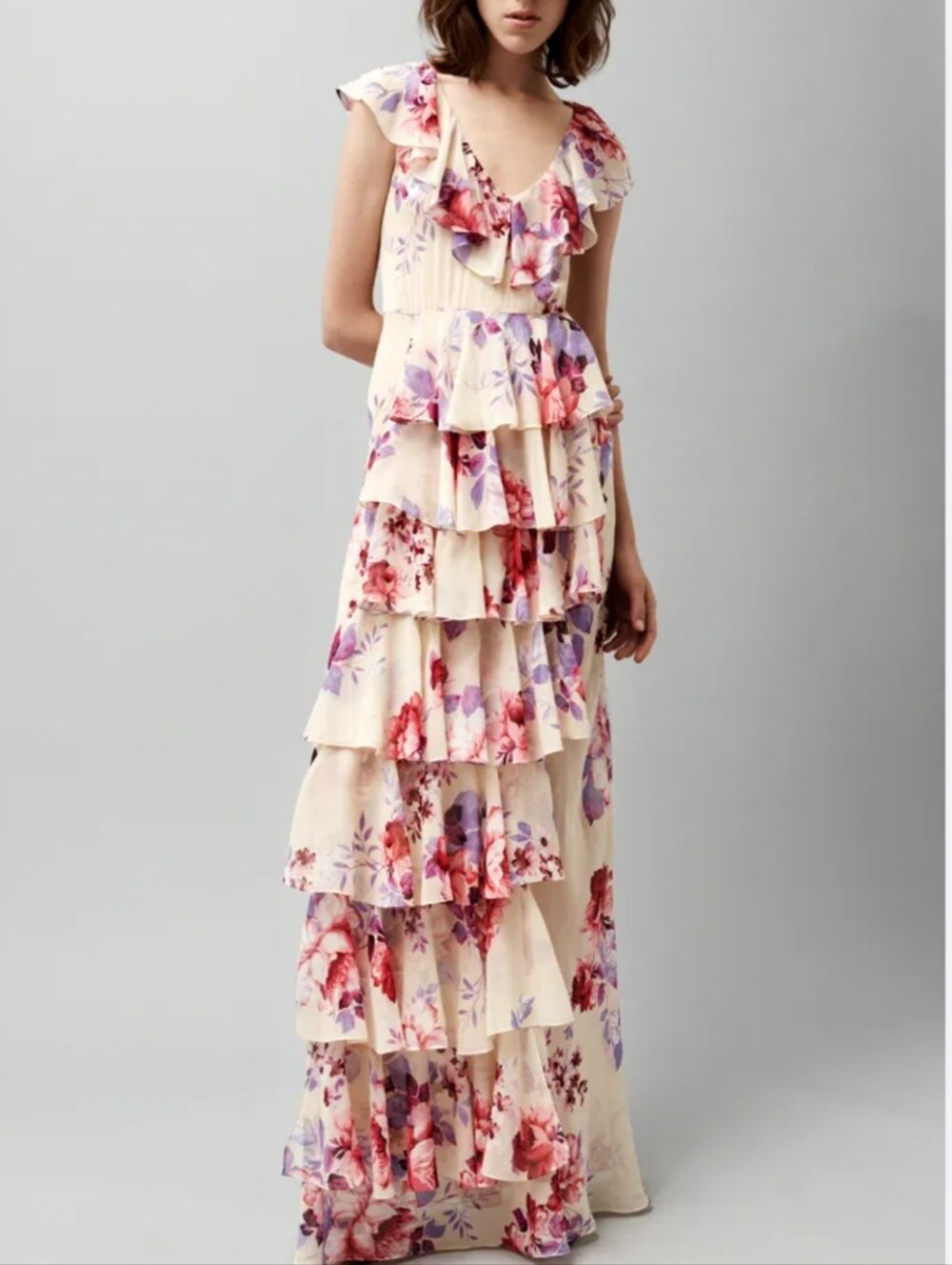Jill Stuart Collection Silk Pink Floral Fairycore Tiered Ruffle Maxi Dress